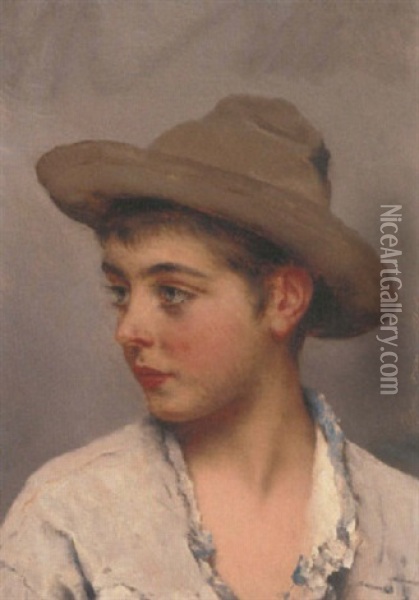 A Young Boy Wearing A Stetson Oil Painting - Eugen von Blaas