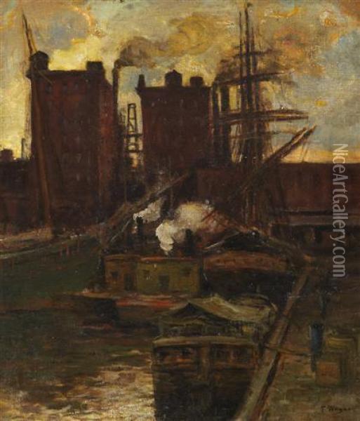 Masts, Philadelphia Waterfront Oil Painting - Frederick R. Wagner