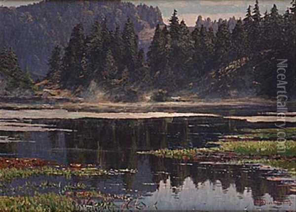 Vy Over Alplandskap Med Insjo Oil Painting - Hermann Dischler