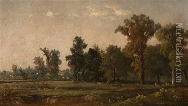 Autumn On The River Peres [sic], Missouri Landscape With Figure And Dog Oil Painting - Joseph Rusling Meeker