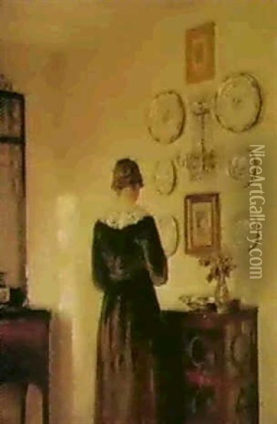 A Lady By A Cabinet Oil Painting - Carl Vilhelm Holsoe