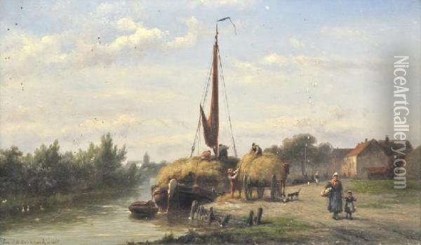 Unloading The Hay Oil Painting - Johannes Hermann Barend Koekkoek