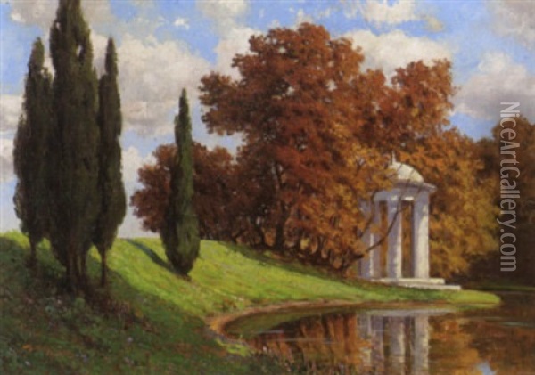 Landschaft Mit Kleinem Tempel Am Teich Oil Painting - Eduard Ruedisuehli