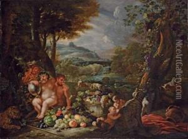 Silenus, With Centaurs, Leopards And A Barrel Of Fruit In An Extensive River Landscape Oil Painting - Nicola Malinconico