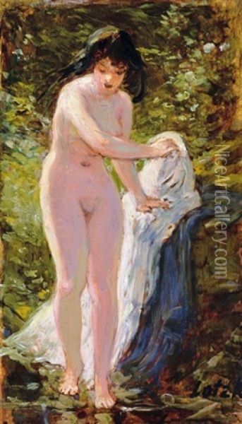 Nude Stepping Into The Brook (before Bath) Oil Painting - Karoly Lotz