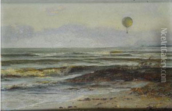 Vista De Una Playa Con Un Globo Montgolfier Oil Painting - Salvador Abril y Blasco