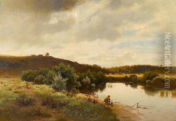 Fishing On The Kazanka River, Near The Volga Oil Painting - Lev Lvovich Kamenev