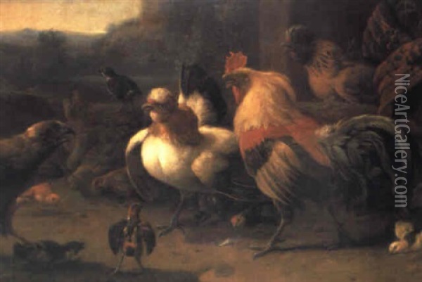 Aves De Corral Ante Un Fondo De Paisaje Oil Painting - Melchior de Hondecoeter