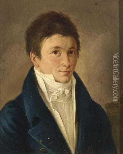 Gentleman Bust Lenght Wearing A Blue Costume With Lace Collar Oil Painting - Louis Leopold Boilly