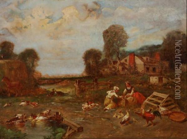 Farmscene With Figures And Animals Oil Painting - George Washington Nicholson