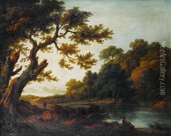 A Traveller And A Figure Resting On A Shore Ina Wooden Landscape Oil Painting - Thomas Gainsborough