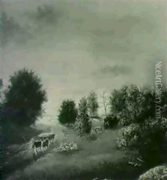 Farmer With An Ox-drawn Cart In A Country Landscape Oil Painting - Thomas Hill