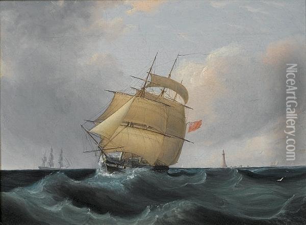 An Outward-bound Frigate Running Past The Eddystone Lighthouse In A Stiff Breeze Oil Painting - John Lynn