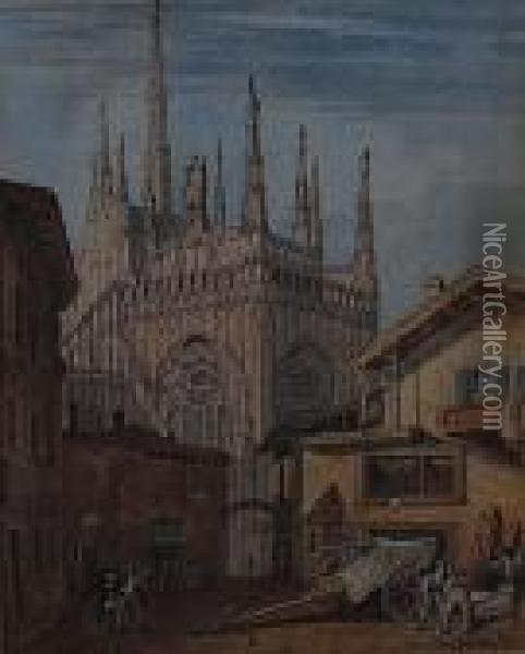 A Continental Town Scene With Cathedral Oil Painting - John Mogford