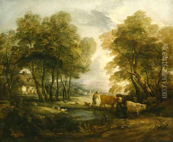 A wooded Landscape with Herdsmen, Cows and Sheep near a Pool, figures outside a cottage beyond Oil Painting - Thomas Gainsborough