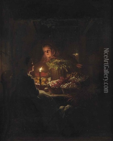 A Night Market With A Vegetable Seller At Her Candlelit Stall Oil Painting - Johannes Rosierse