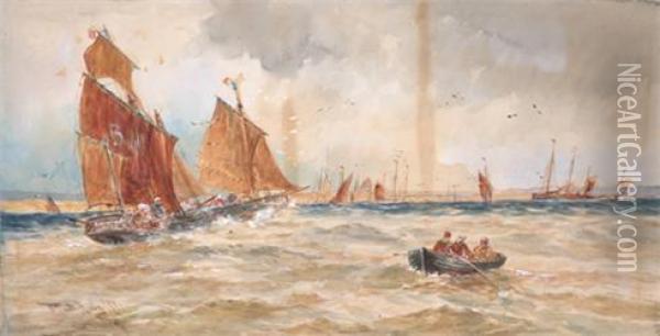 French Fishing Boats Entering Harbour Oil Painting - Thomas Bush Hardy