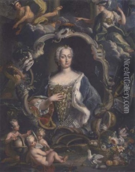Portrait Of Maria Sobieska In A Cartouche Surrounded By Mercury, Minerva, Three Putti Symbolizing The Arts And A Still Life Of Flowers And Fruit Oil Painting - Nicolas Van Den Bergh