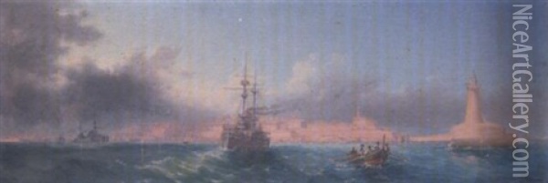 Warships Steaming Out Of The Grand Harbour, Valletta, Malta Oil Painting - Luigi Maria Galea