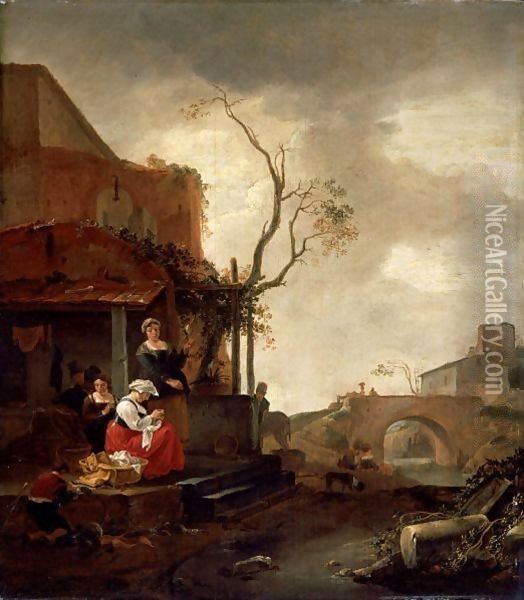 A Village Scene With Women Sewing And A Boy Peeling Vegetables At The Entrance To A Cottage Oil Painting - Thomas Wyck