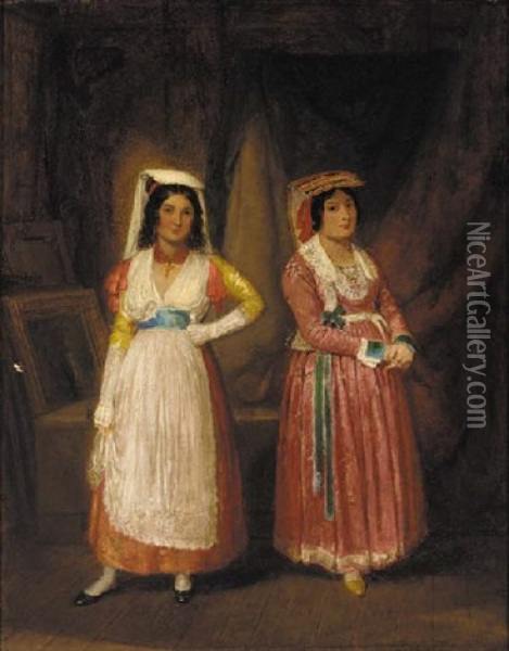 A Double Portrait Of Two Ladies, One In Traditional Albano Dress, The Other In Traditional Nettuno Dress Oil Painting - Edward Villiers Rippingille