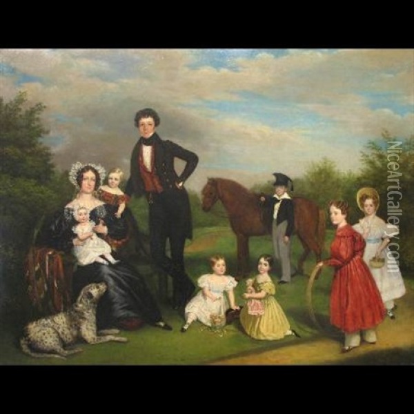 Group Portrait Of The Fenner Family Of Hull Comprising Mother, Father And Seven Children Posing In A Garden Setting With A Pony And Dog Oil Painting - Archibald Archer