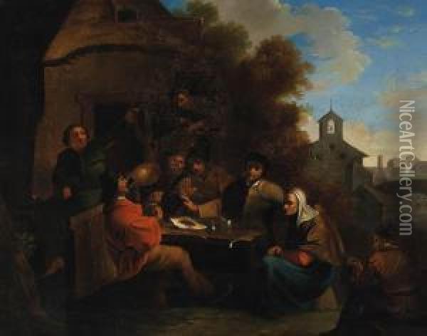 Peasants Seated At A Table Before An Inn Oil Painting - Richard Brakenburgh