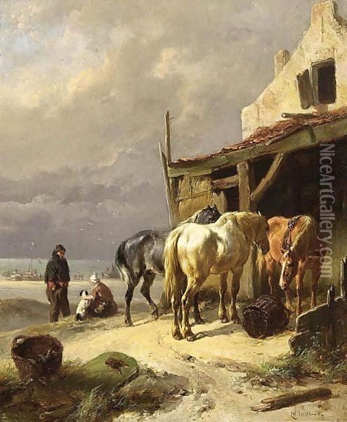 Horses At Rest Near The Beach Oil Painting - Wouterus Verschuur