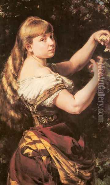 Portrait of the Artist's Daughter Beata with a Canary Oil Painting - Jan Matejko