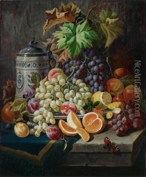 Stillleben Mit Weintrauben, Fruchten Und Steinzeugkrug Oil Painting - David Emil Joseph de Noter