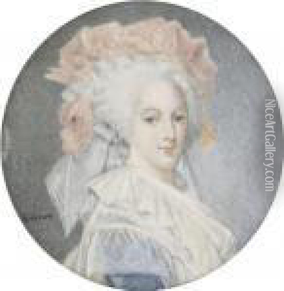 A Lady Believed To Be Queen 
Marie Antoinette In Blue Dress With Large White Sprigged Collar, Wearing
 An Elaborate Pale Orange Headress With Pearls In Her Powdered High 
Piled Hair Oil Painting - Elisabeth Vigee-Lebrun