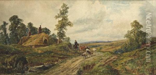 Driving Cattle And Sheep Down Road By Cottage Oil Painting - John Faulkner