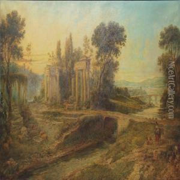 Arcadian Landscape With Ancient Ruins Oil Painting - Walter Herbert Roe