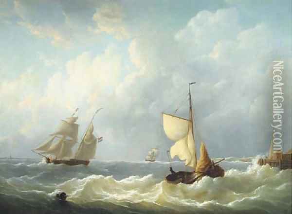 Dutch sailing vessels on choppy waters by a jetty Oil Painting - Martinus Schouman