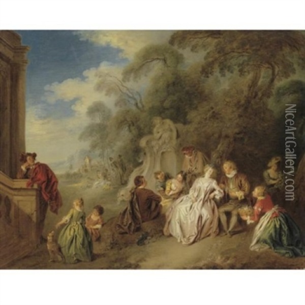Fete Galante With Figures In A Park: Amour Et Badinage Oil Painting - Jean-Baptiste Pater