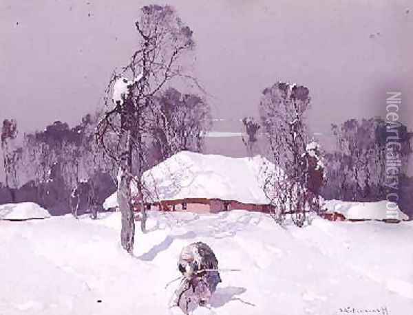 Old Lady Collecting Wood in the Snow Oil Painting - Sergei Kolessnikoff