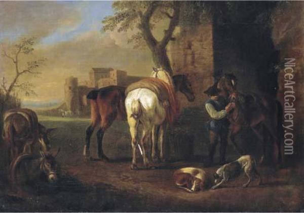 Sosta Di Cavalli Presso Un Casolare Oil Painting - Pieter van Bloemen