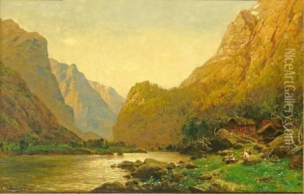 Romantische Flusslandschaft Mitpersonenstaffage An Einem Prachtvollen Sommertag Oil Painting - Carl August H. Oesterley