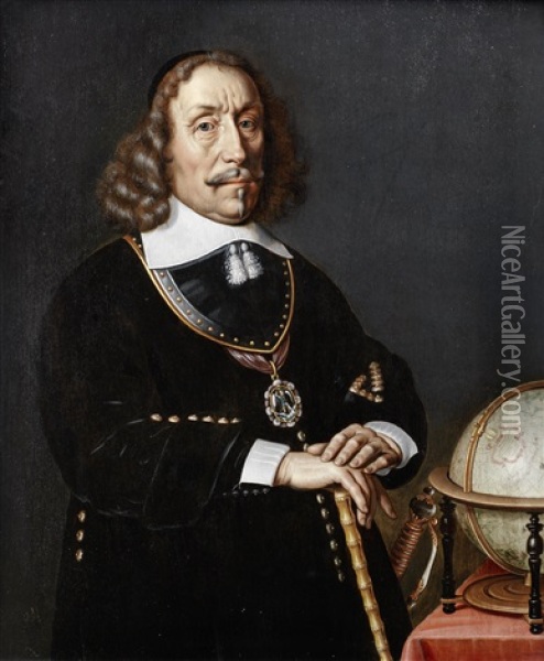 Portrait Of Admiral Witte Cornelisz. De With In Black Costume With A Gorget And The Badge Of The Order Of Saint Michael, A Globe On The Table Beside Him Oil Painting - Abraham Van Westerveldt