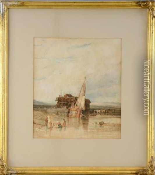 Fort Rouge, Calais, With Figures In The Foreground And A Moored Sailing Boat Oil Painting - William Clarkson Stanfield