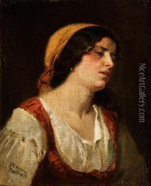 Brustbild Eines Jungen Madchens In Rotemmieder Mit Gelblichem Kopftuch Oil Painting - Benjamin I Vautier