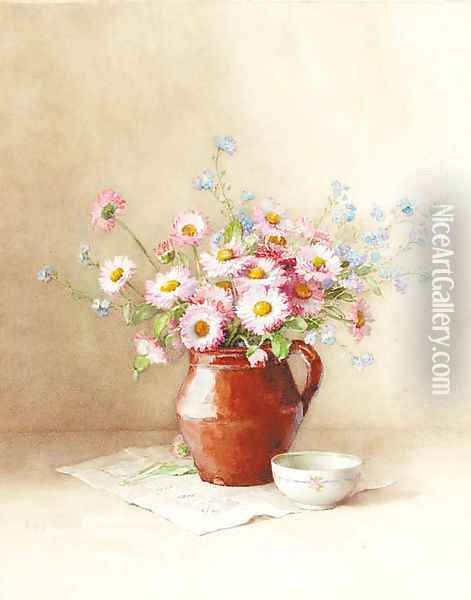 Still life of daisies and forget-me-nots in a ceramic jug Oil Painting - Elisabeth King