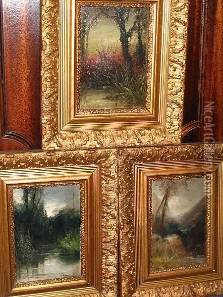 Landscape Studies, A Collection Of Three Small Studies Of Trees Beside Water Oil Painting - S.L. Kilpack