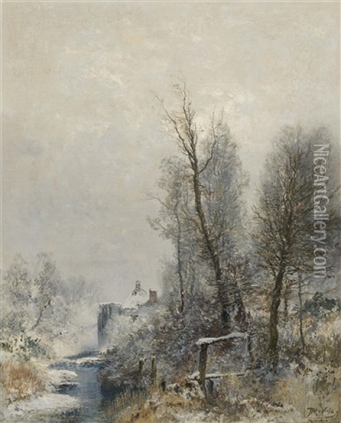 Winter Stream Landscape Oil Painting - Josef Wenglein