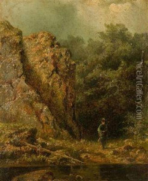 A Hunter Below A Rock Wall Oil Painting - August Bedrich Piepenhagen