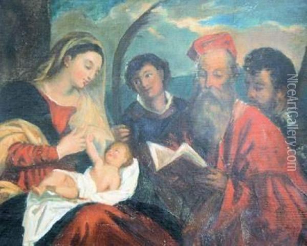 Titien , D'apres. La Vierge A L'enfant Avec Saint Etienne, Saint Jerome Et Saint Maurice Oil Painting - Tiziano Vecellio (Titian)