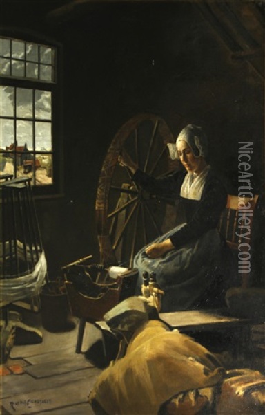 A Young Woman Spinning Yarn In A Cottage Oil Painting - Rudolf Eichstaedt