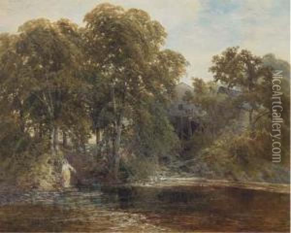 A Watermill In A Wooded Landscape Oil Painting - James Jackson Curnock
