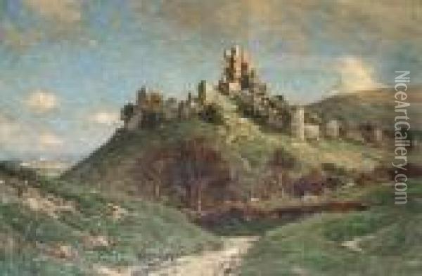 Past Glories, Corfe Castle, Dorset 'jose Weiss' (lower Left) Oil Painting - Jose Weiss