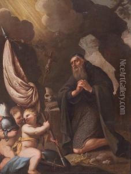 St. Louis In Prayer With Putti Bearing His Staff Oil Painting - Cirlce Of Filippo Lauri